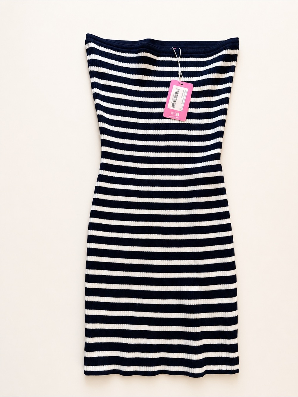Edikted Navy and White Strapless Ribbed Stripe Dress